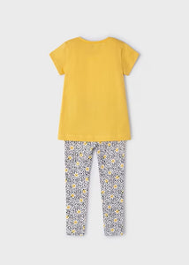 girl's honey yellow tee shirt with daisy motif and matching printed leggings. Girl's yellow top and print leggings available to buy on kidstuff.ie Mayoral 3711 girl's top and leggings. Back view