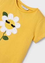 Load image into Gallery viewer, girl&#39;s honey yellow tee shirt with daisy motif and matching printed leggings. Girl&#39;s yellow top and print leggings available to buy on kidstuff.ie Mayoral 3711 girl&#39;s top and leggings. Top detail
