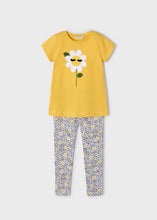 Load image into Gallery viewer, girl&#39;s honey yellow tee shirt with daisy motif and matching printed leggings. Girl&#39;s yellow top and print leggings available to buy on kidstuff.ie Mayoral 3711 girl&#39;s top and leggings.
