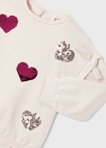 Girls legging and top set. girl's leather look leggings and sweatshirt with sequin hearts. Mayoral girl's outfit 4786 in blackberry pink on kidstuff.ie Detail of top.