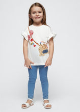 Load image into Gallery viewer, cream printed tee with frill to armhole and matching denim style leggings. Girl&#39;s printed top and jeggings set available to buy on kidstuff.ie. Mayoral 3706 outfit
