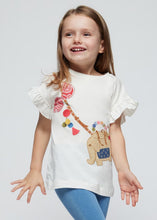 Load image into Gallery viewer, cream printed tee with frill to armhole and matching denim style leggings. Girl&#39;s printed top and jeggings set available to buy on kidstuff.ie. Mayoral 3706 outfit

