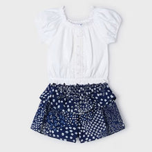 Load image into Gallery viewer, White gypsy top and printed culotte shorts for a girl. Mayoral 3260 girl&#39;s outfit available on kidstuff.ie
