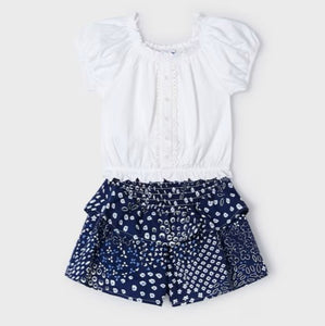 White gypsy top and printed culotte shorts for a girl. Mayoral 3260 girl's outfit available on kidstuff.ie