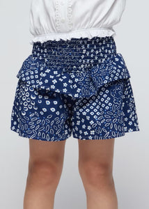 White gypsy top and printed culotte shorts for a girl. Mayoral 3260 girl's outfit available on kidstuff.ie  Shorts detail