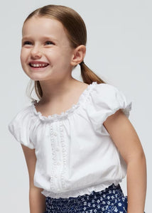 White gypsy top and printed culotte shorts for a girl. Mayoral 3260 girl's outfit available on kidstuff.ie Top