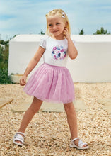 Load image into Gallery viewer, Girls mauve-pink tulle skirt and white top with floral motif. Girl&#39;s tutu skirt and pretty top available to buy on kidstuff.ie. Mayoral 3953. girl&#39;s outfit
