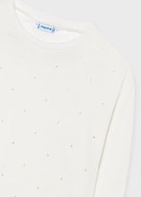 Load image into Gallery viewer, Close-up of a white long-sleeve crewneck top with small scattered rhinestone embellishments, showing the Mayoral brand label inside the collar.
