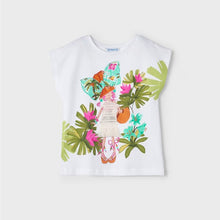 Load image into Gallery viewer, Girl&#39;s tee shirt with fun, tropical motif and two pairs of matching capri leggings. Girl&#39;s 3 piece outfit available to buy on kidstuff.ie. Mayoral outfit 3709 Top detail
