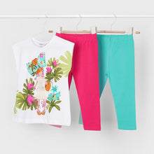 Load image into Gallery viewer, Girl&#39;s tee shirt with  fun, tropical  motif  and two pairs of matching capri leggings. Girl&#39;s 3 piece outfit available to buy on kidstuff.ie. Mayoral outfit 3709

