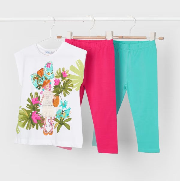 Girl's tee shirt with  fun, tropical  motif  and two pairs of matching capri leggings. Girl's 3 piece outfit available to buy on kidstuff.ie. Mayoral outfit 3709