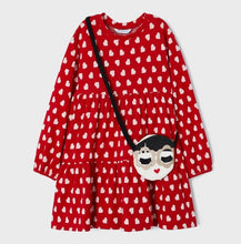 Load image into Gallery viewer, Girl&#39;s red dress  and bag set with love-heart print . Mayoral 4932 in red to buy on kidstuff.ie. Long sleeved red dress for a girl with matching bag.
