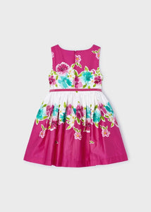 Girl's sleeveless, belted summer dress in fuchsia pink floral border print . Girl's cerise pink dress available to buy on kidstuff.ie. Mayoral dress 3921 Back view
