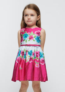 Girl's sleeveless, belted summer dress in fuchsia pink floral border print . Girl's cerise pink dress available to buy on kidstuff.ie. Mayoral dress 3921