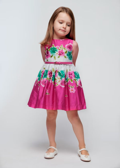 Girl's sleeveless, belted summer dress in fuchsia pink floral border print . Girl's cerise pink dress available to buy on kidstuff.ie. Mayoral dress 3921
