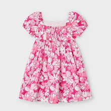 Load image into Gallery viewer, Pink print girl&#39;s dress with square neckline and short puff sleeves, Mayoral 3941 girl&#39;s dress available to buy on kidstuff.ie Back view
