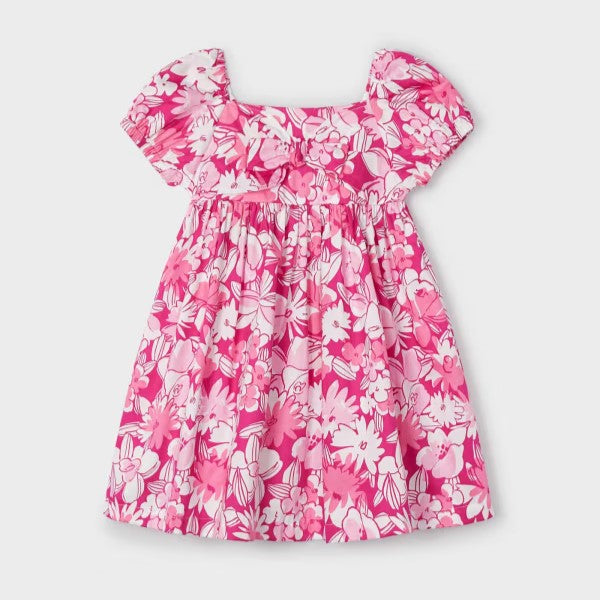 Pink print girl's dress with square neckline and short puff sleeves, Mayoral 3941 girl's dress available to buy on kidstuff.ie