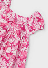 Load image into Gallery viewer, Pink print girl&#39;s dress with square neckline and short puff sleeves, Mayoral 3941 girl&#39;s dress available to buy on kidstuff.ie Front detail
