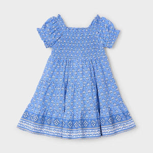 Girl's blue print dress with shirring and short sleeves. Mayoral girl's dress 3932 in indigo available on kidstuff.ie