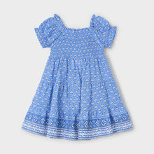 Load image into Gallery viewer, Girl&#39;s blue print dress with shirring and short sleeves. Mayoral girl&#39;s dress 3932 in indigo available on kidstuff.ie
