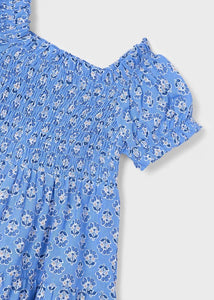 Girl's blue print dress with shirring and short sleeves. Mayoral girl's dress 3932 in indigo available on kidstuff.ie