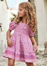 Load image into Gallery viewer, Girl&#39;s mauve pink dress with shirring and short sleeves. Mayoral girl&#39;s dress 3932 in mauve available on kidstuff.ie
