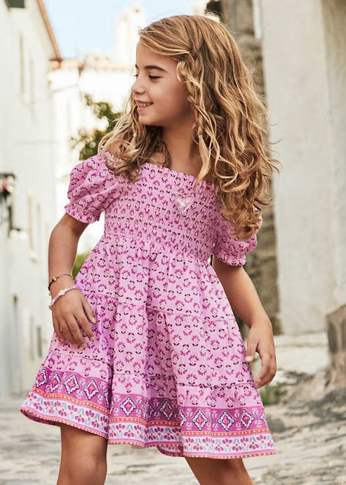 Girl's mauve pink dress with shirring and short sleeves. Mayoral girl's dress 3932 in mauve available on kidstuff.ie