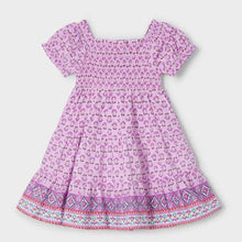 Load image into Gallery viewer, Girl&#39;s mauve pink dress with shirring and short sleeves. Mayoral girl&#39;s dress 3932 in mauve available on kidstuff.ie
