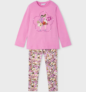 Pink long sleeve top &  flower-print leggings. Mayoral 4713  Girl's outfit. Buy on kidstuff.ie