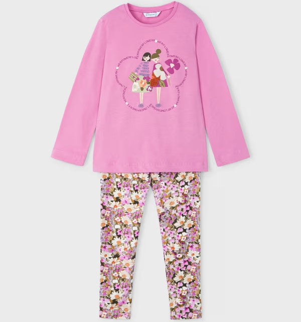 Pink long sleeve top &  flower-print leggings. Mayoral 4713  Girl's outfit. Buy on kidstuff.ie