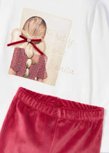 Load image into Gallery viewer, Cream top with print and ribbon detail  and matching red velvet leggings. Mayoral 4705 girl&#39;s out fit available to buy on kidstuff.ie
