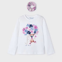 Load image into Gallery viewer, Long sleeved white top with floral motif and matching hair scrunchie. Girl&#39;s top and hair scrunchie set available to buy on kidstuff.ie. Mayoral 3092 girls top and hair accessory.
