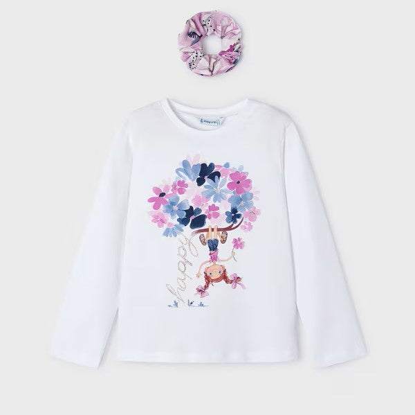 Long sleeved white top with floral motif and matching hair scrunchie. Girl's top and hair scrunchie set available to buy on kidstuff.ie. Mayoral 3092 girls top and hair accessory.