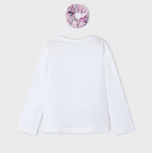 Load image into Gallery viewer, Long sleeved white top with floral motif and matching hair scrunchie. Girl&#39;s top and hair scrunchie set available to buy on kidstuff.ie. Mayoral 3092 girls top and hair accessory. Back view
