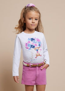 Long sleeved white top with floral motif and matching hair scrunchie. Girl's top and hair scrunchie set available to buy on kidstuff.ie. Mayoral 3092 girls top and hair accessory.