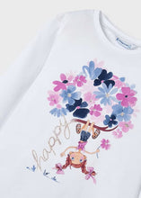 Load image into Gallery viewer, Long sleeved white top with floral motif and matching hair scrunchie. Girl&#39;s top and hair scrunchie set available to buy on kidstuff.ie. Mayoral 3092 girls top and hair accessory. Top detail
