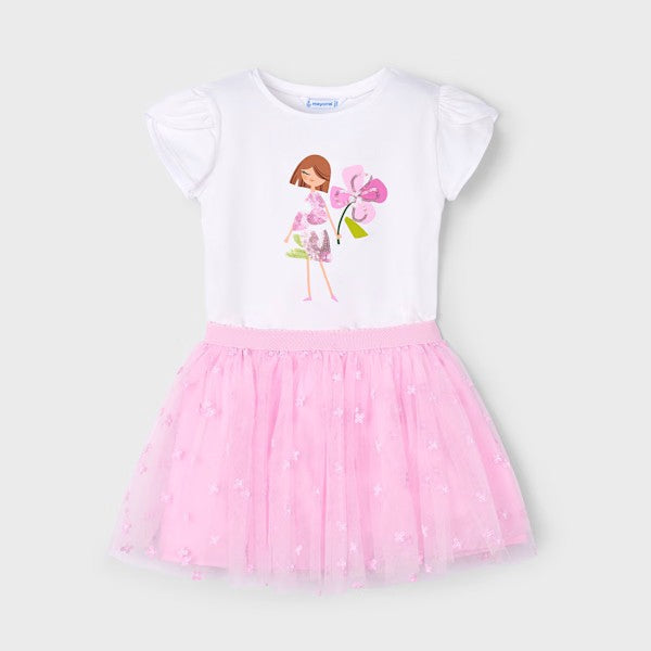 Girl's white top with mauve pink print with sequins and  mauve pink tulle skirt with elasticated waist. Mayoral 3946 set available on kidstuff.ie