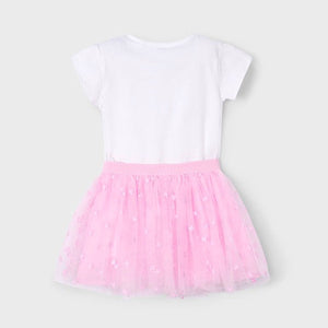 Girl's white top with mauve pink print with sequins and  mauve pink tulle skirt with elasticated waist. Mayoral 3946 set, back view. available on kidstuff.ie