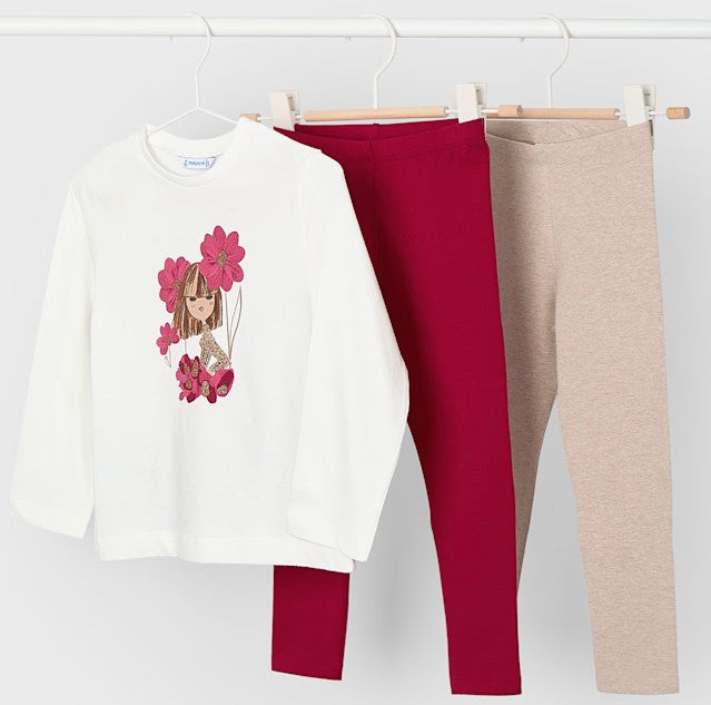 Girls cream  long sleeved top with pretty red flower and girl graphic with one pair of red leggings and one pair of beige leggings. Mayoral girl's set 4724 available on kidstuff.ie