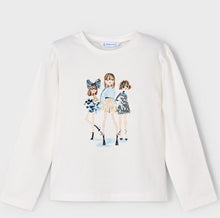 Load image into Gallery viewer, Girl&#39;s long sleeved cream top with   a graphic of 3 fashion dolls printed on the front with sequin details. Mayoral 4011 available on kidstuff.ie
