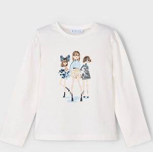 Girl's long sleeved cream top with   a graphic of 3 fashion dolls printed on the front with sequin details. Mayoral 4011 available on kidstuff.ie