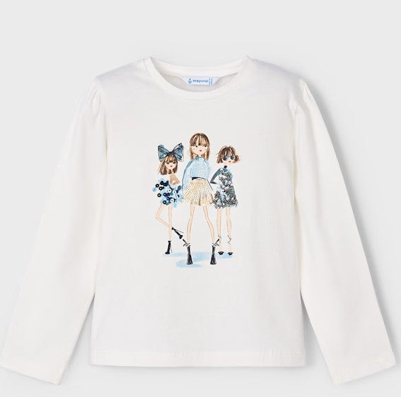 Girl's long sleeved cream top with   a graphic of 3 fashion dolls printed on the front with sequin details. Mayoral 4011 available on kidstuff.ie