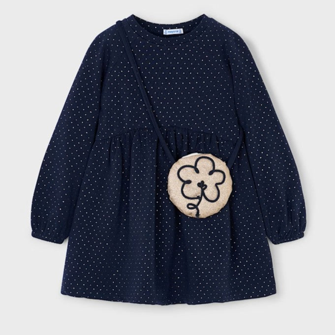 Girls dress in navy with polka dot print . Matching handbag. Mayoral 4926 available on kidstuff.ie