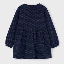 Load image into Gallery viewer, Girls dress in navy with polka dot print . Matching handbag. Mayoral 4926 available on kidstuff.ie Back view
