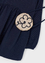 Load image into Gallery viewer, Girls dress in navy with polka dot print . Matching handbag. Mayoral 4926 available on kidstuff.ie
