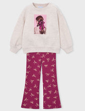 Load image into Gallery viewer, A two-piece children's sweatshirt and leggings set featuring a light heathered cream sweatshirt with a graphic print of a girl with a pink bow, paired with wine pants patterned with small bows.
