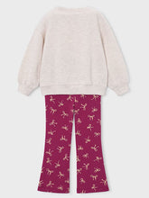 Load image into Gallery viewer, A two-piece children's sweatshirt and leggings set shown from the back, featuring a light cream heathered sweatshirt and wine pants with a repeating bow print.
