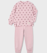Load image into Gallery viewer, Girl&#39;s pink two piece tracksuit with printed long sleeved top and plain pink jog bottoms. Mayoral 4894 available on kidstuff.ie
