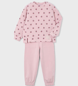 Girl's pink two piece tracksuit with printed long sleeved top and plain pink jog bottoms. Mayoral 4894 available on kidstuff.ie