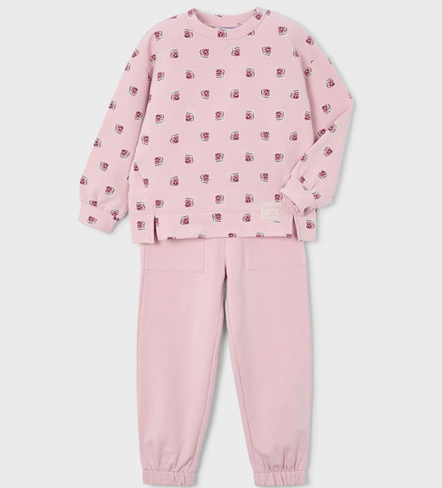 Girl's pink two piece tracksuit with printed long sleeved top and plain pink jog bottoms. Mayoral 4894 available on kidstuff.ie